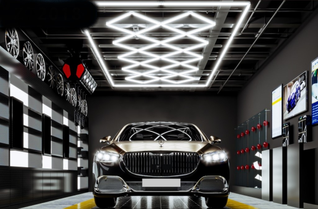 Sechseckige LED-Leuchte Waben-Deckenleuchte 3 Sechsecke + 14 Dreiecke Herz  2.8m x 2m 220W 6500k 230V Detailing Garage Barber - Discount AutoSport